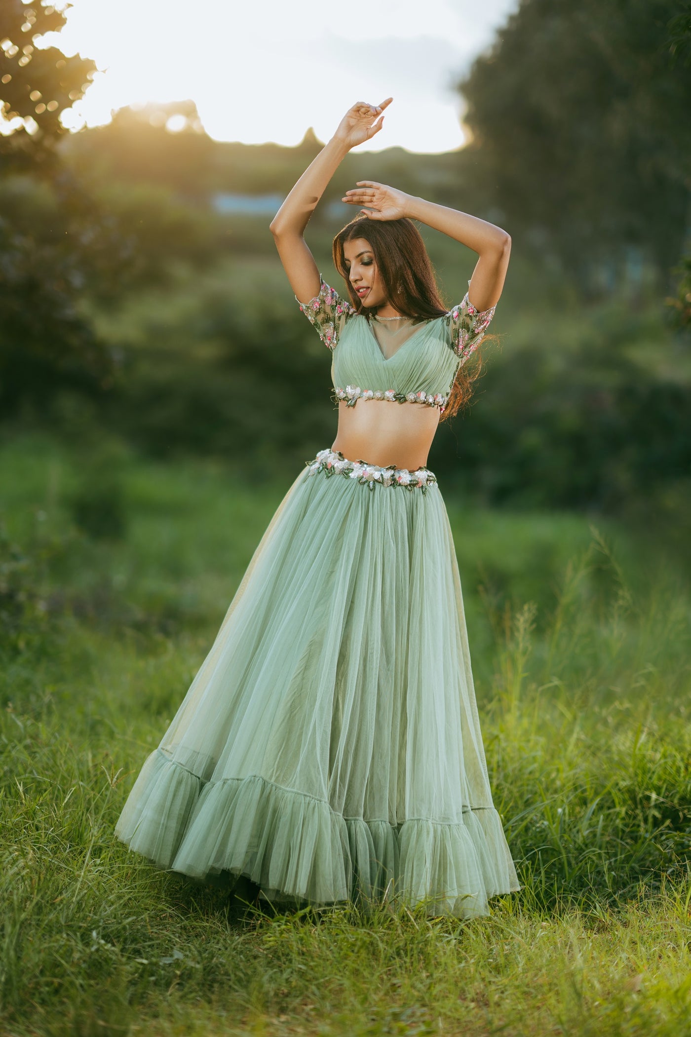 Bayberry- Tulle Lehanga Crop Top