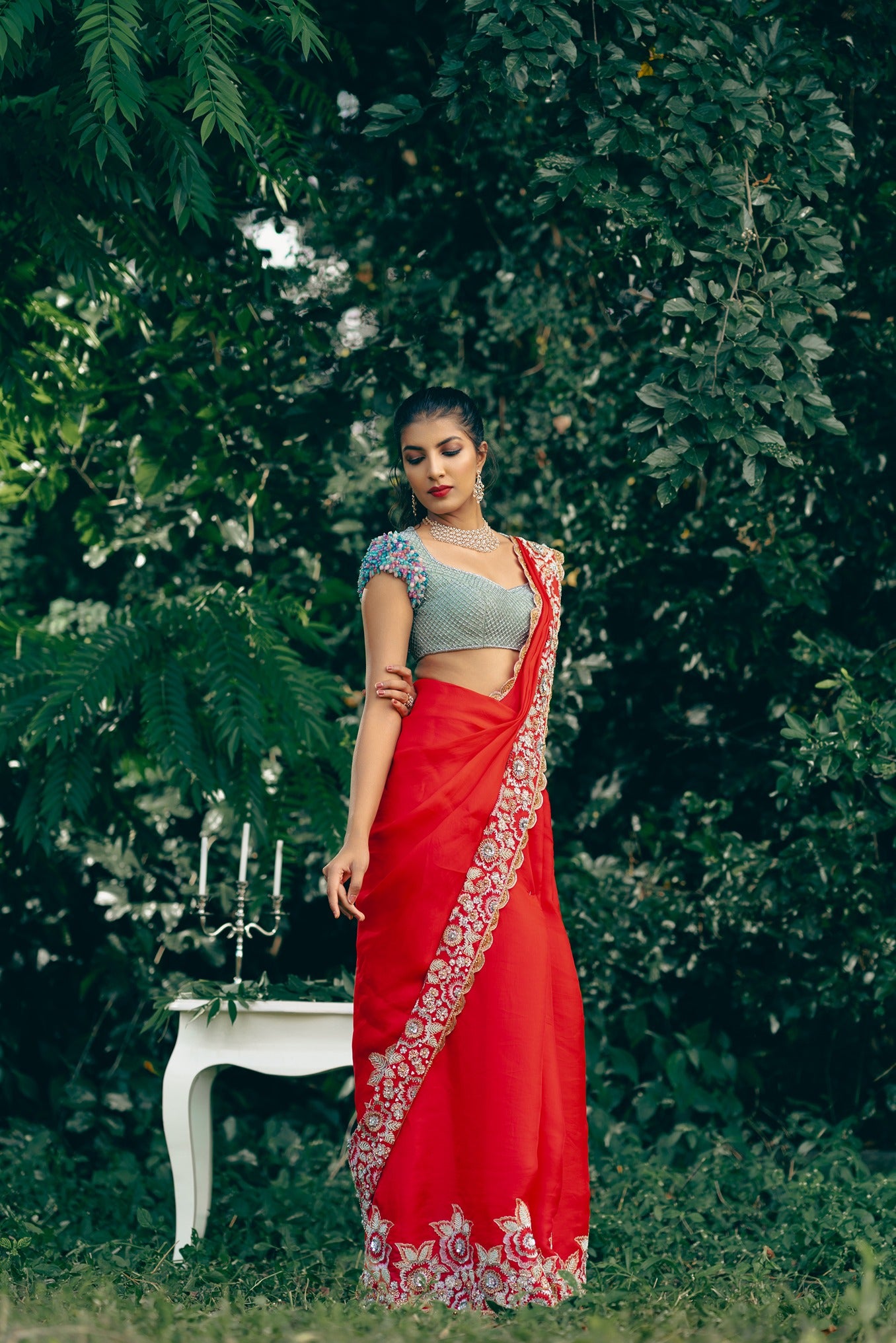 Freesia- Red Saree and Sage Green Blouse Set