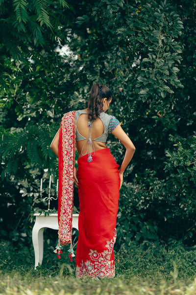 Freesia- Red Saree and Sage Green Blouse Set