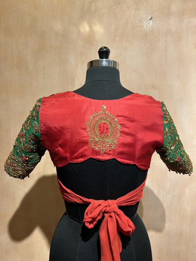 Red and Green Silk Embroidered Blouse