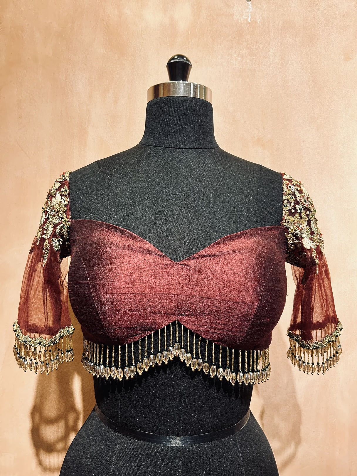 Brown Raw Silk Tassel Blouse