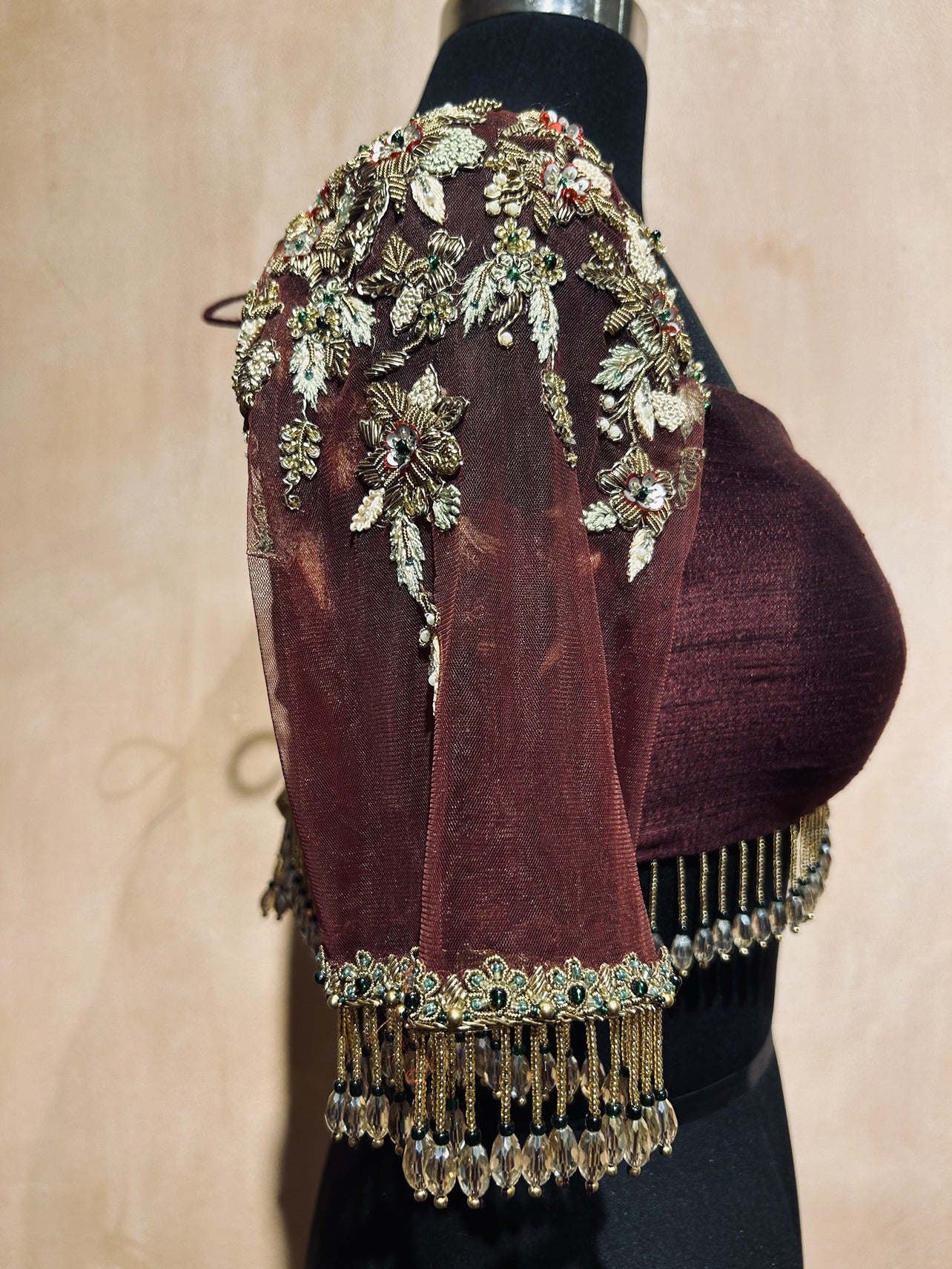 Brown Raw Silk Tassel Blouse
