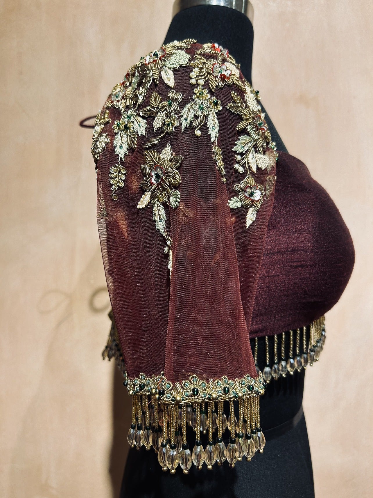 Brown Raw Silk Tassel Blouse