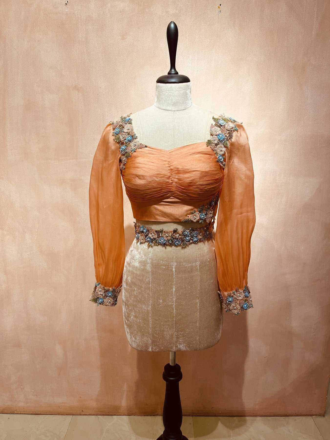 3D floral embroidered draped blouse