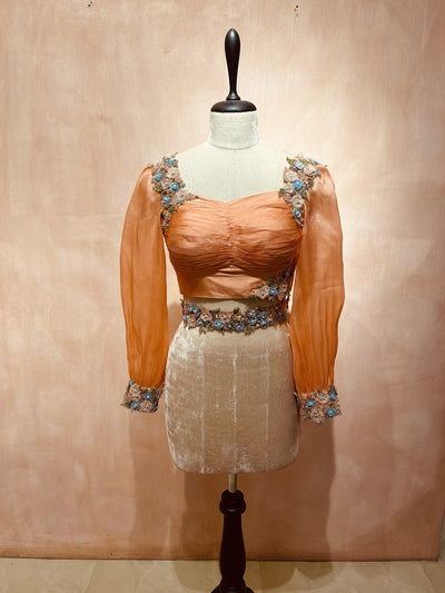 3D floral embroidered draped blouse