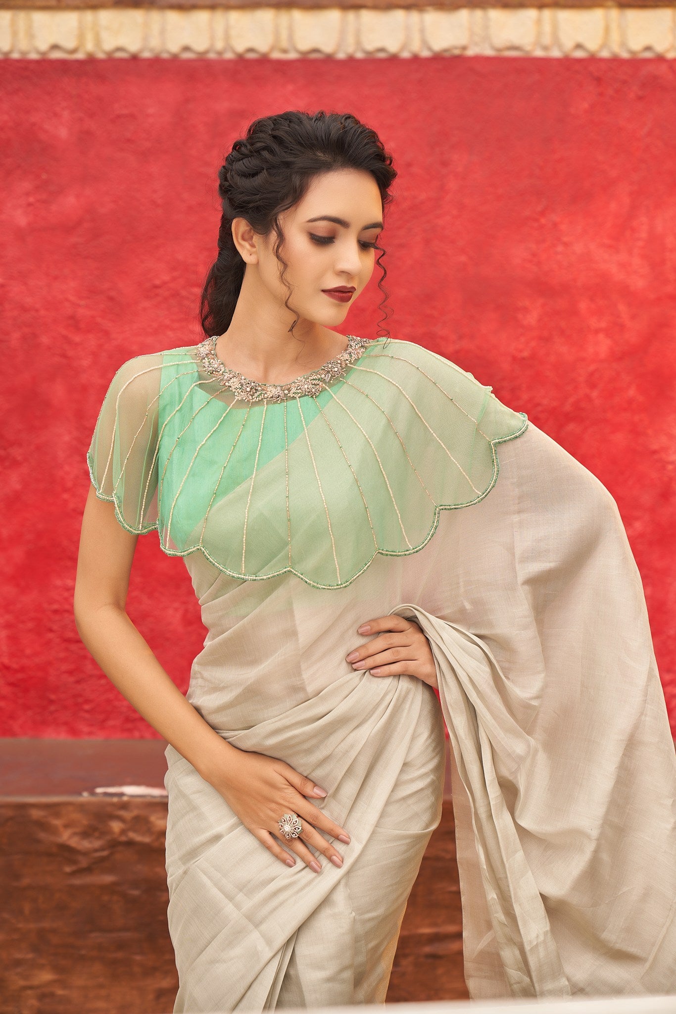 Sea Green Raw Silk Blouse With Soft Net Cape
