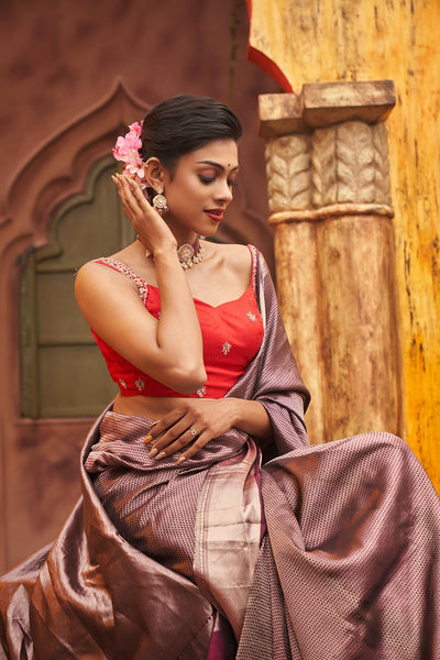 Red Raw Silk Blouse With Sweetheart Neckline