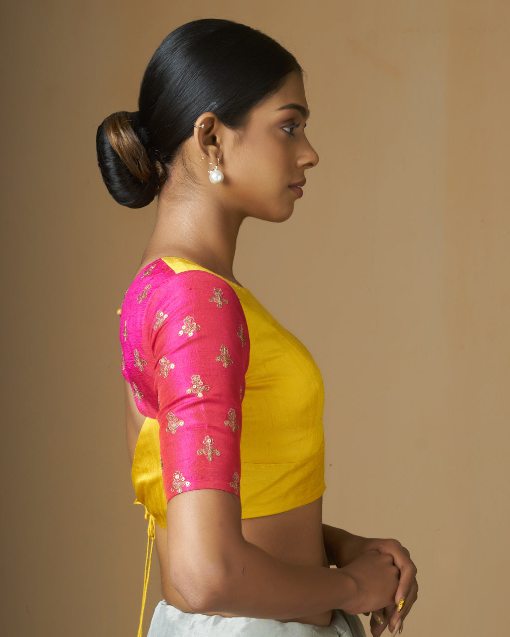 Yellow Raw Silk Blouse With Pink Sleeves