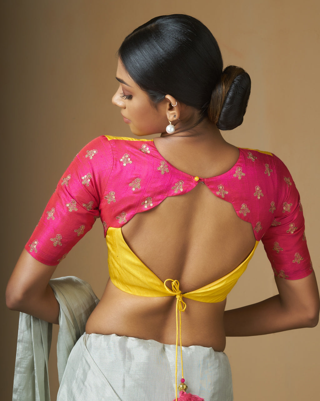 Yellow Raw Silk Blouse With Pink Sleeves