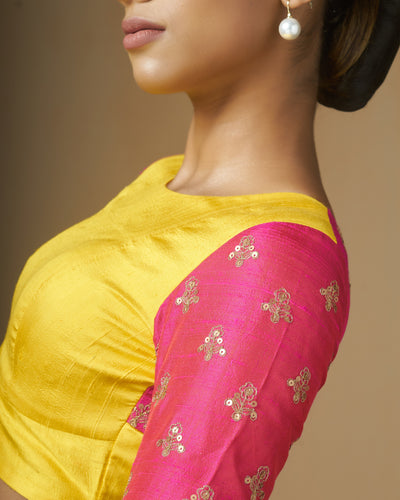 Yellow Raw Silk Blouse With Pink Sleeves