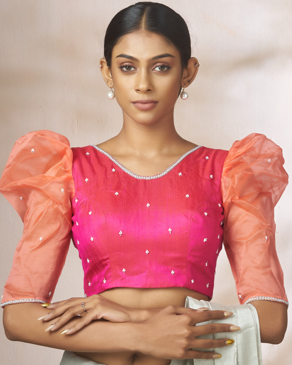 Pink Raw Silk Blouse With Organza Puff Sleeves