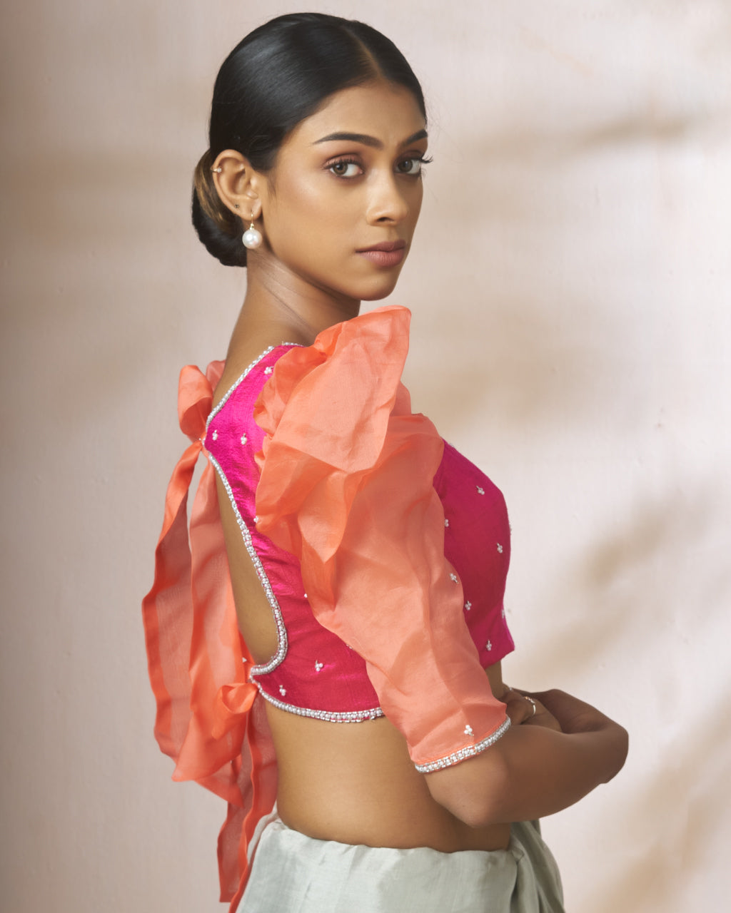 Pink Raw Silk Blouse With Organza Puff Sleeves – Mahitha Prasad
