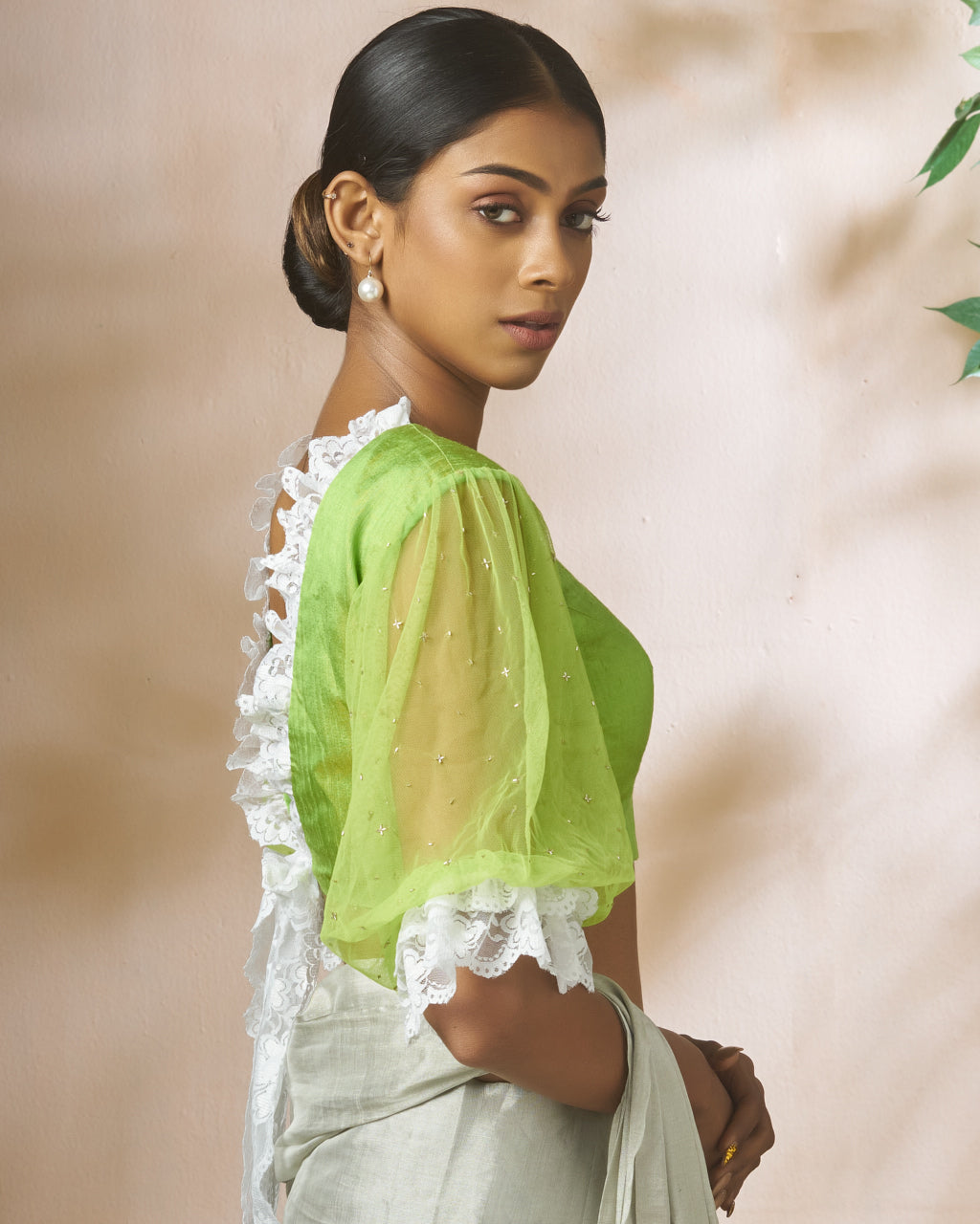 Green Raw Silk Blouse With Ruffle Neckline