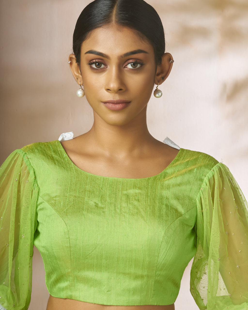 Green Raw Silk Blouse With Ruffle Neckline