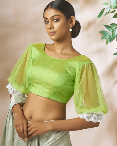 Green Raw Silk Blouse With Ruffle Neckline