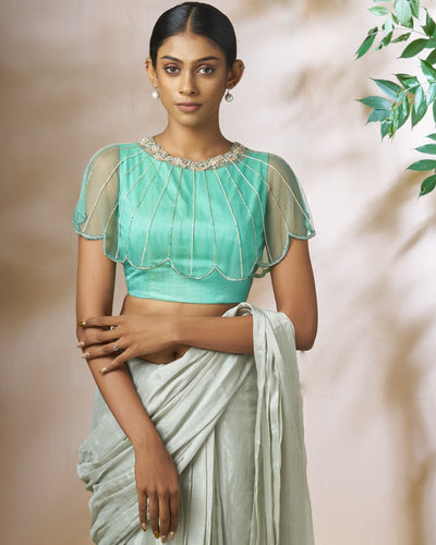 Sea Green Raw Silk Blouse With Soft Net Cape