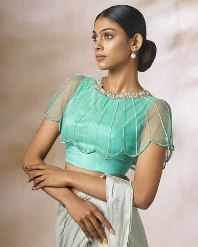 Sea Green Raw Silk Blouse With Soft Net Cape