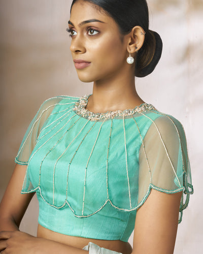 Sea Green Raw Silk Blouse With Soft Net Cape