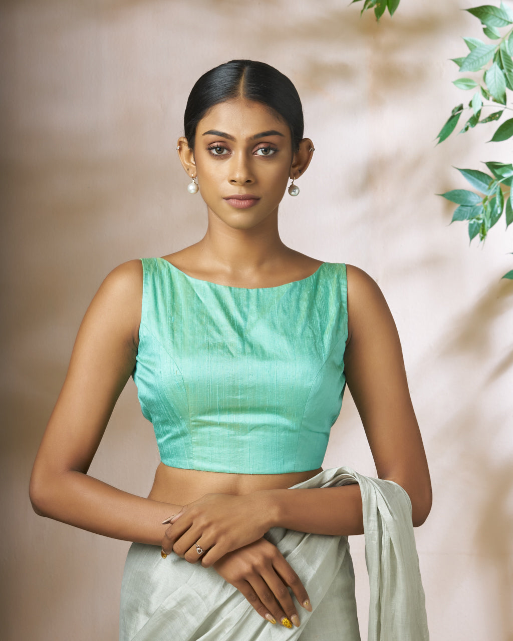 Sea Green Raw Silk Blouse With Soft Net Cape