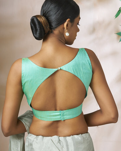 Sea Green Raw Silk Blouse With Soft Net Cape