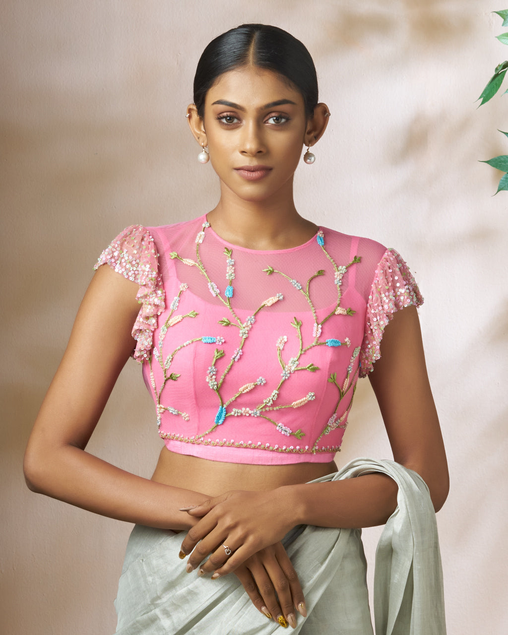 Pink Raw Silk Bustier Top With Soft Net Outer Blouse