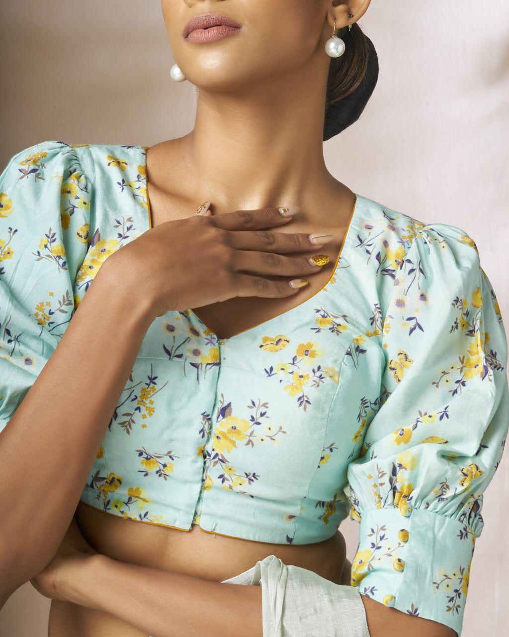 Blue Floral Printed Blouse With Long Puff Sleeves