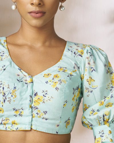 Blue Floral Printed Blouse With Long Puff Sleeves