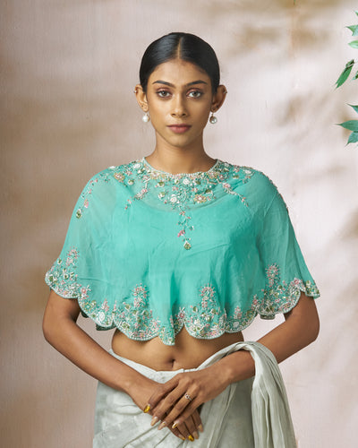 Sea Blue Raw Silk Body With Organza Cape