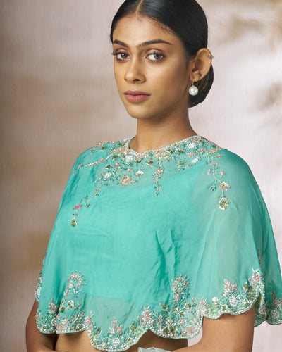 Sea Blue Raw Silk Body With Organza Cape