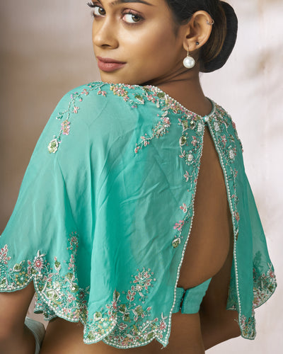 Sea Blue Raw Silk Body With Organza Cape