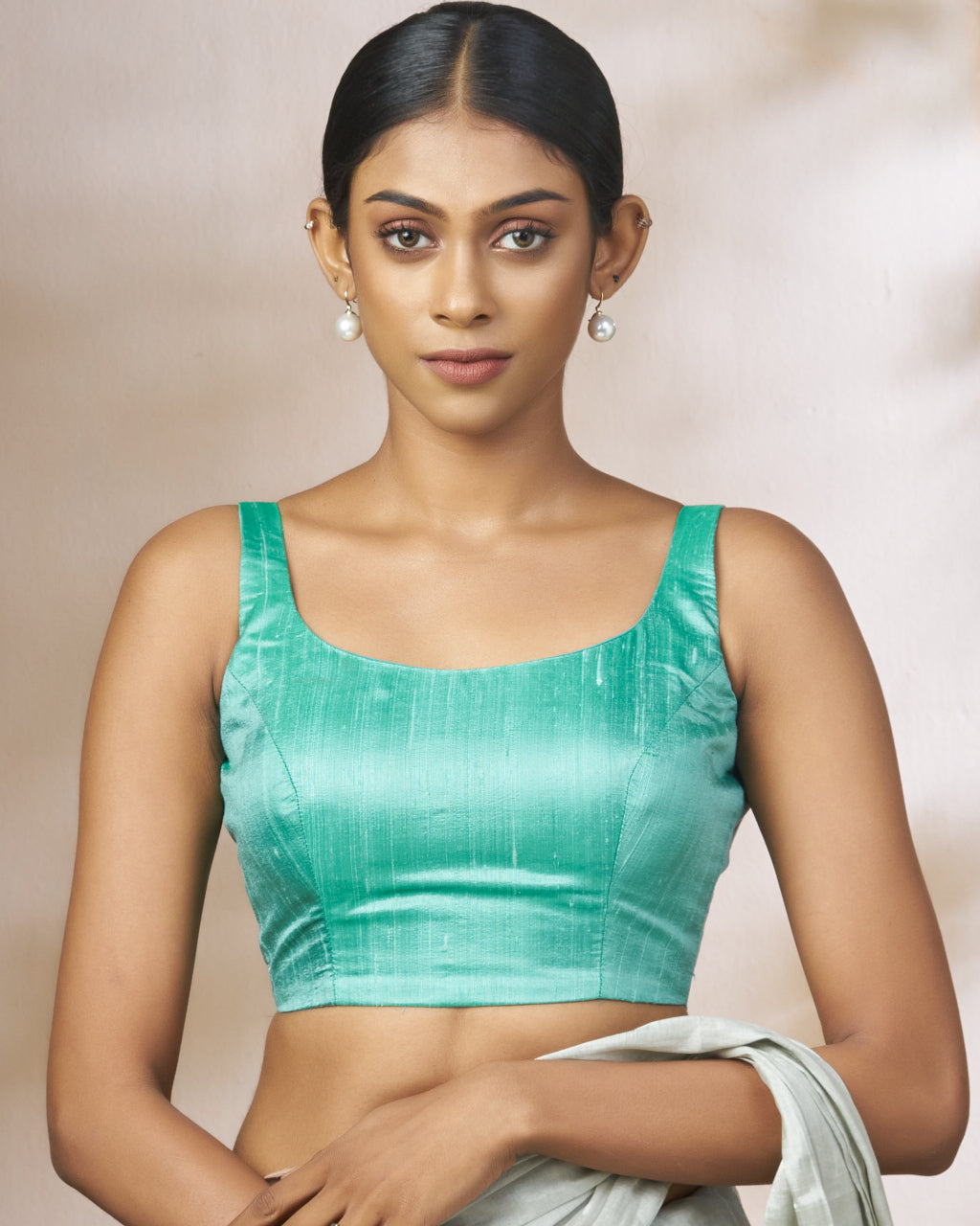 Sea Blue Raw Silk Body With Organza Cape