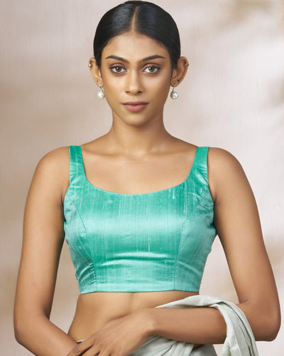 Sea Blue Raw Silk Body With Organza Cape