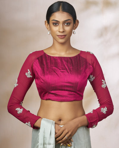 Wine Raw Silk Blouse With Raglan Sleeves