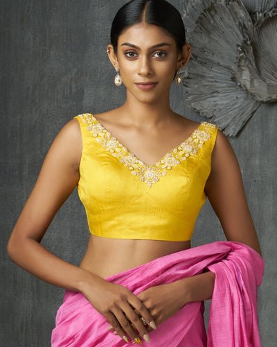 Sleeveless Yellow Raw Silk Blouse With Floral Embroidery