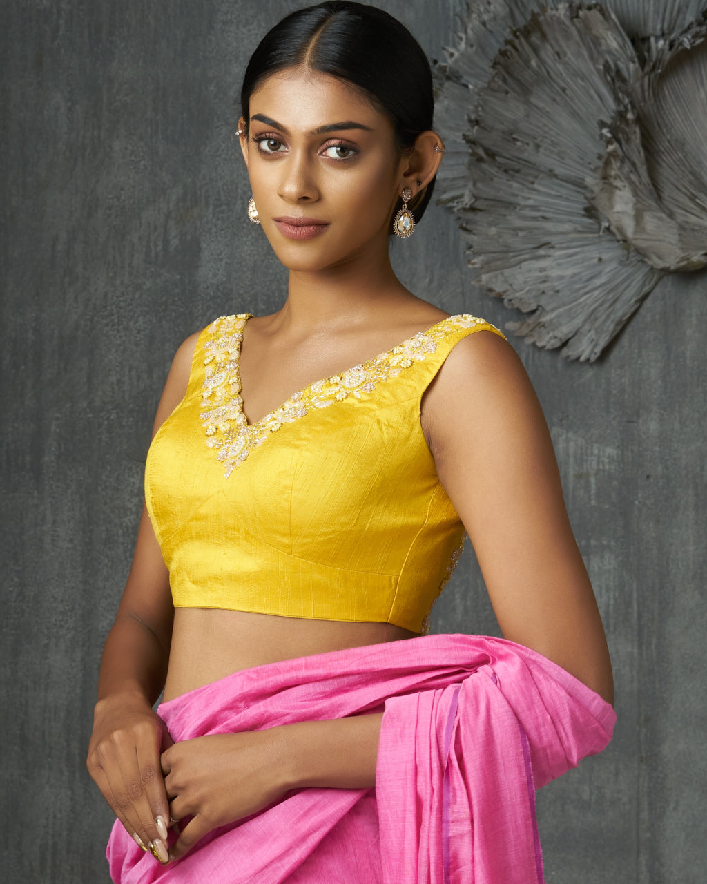 Sleeveless Yellow Raw Silk Blouse With Floral Embroidery