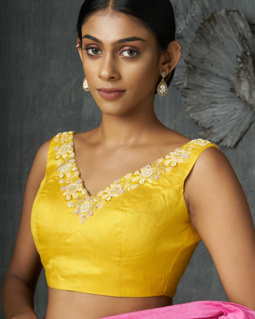 Sleeveless Yellow Raw Silk Blouse With Floral Embroidery