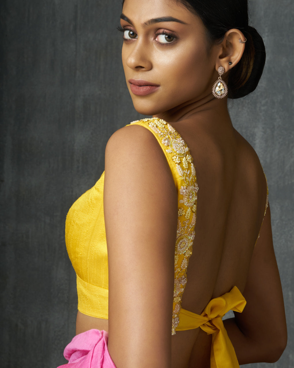 Sleeveless Yellow Raw Silk Blouse With Floral Embroidery