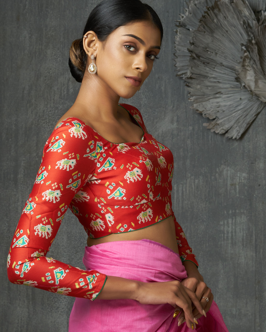 Red Chanderi Patola Printed Blouse With Piped Neckline