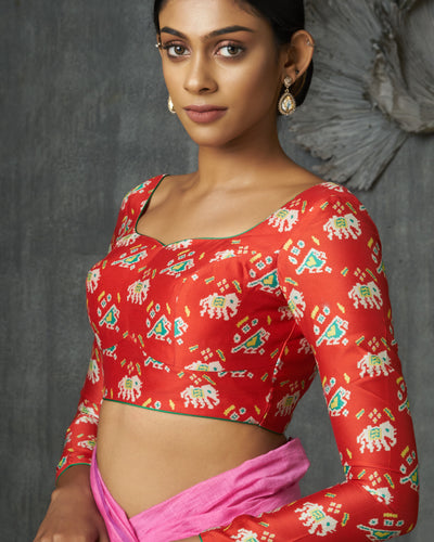 Red Chanderi Patola Printed Blouse With Piped Neckline