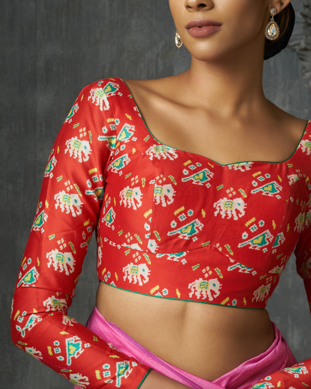 Red Chanderi Patola Printed Blouse With Piped Neckline