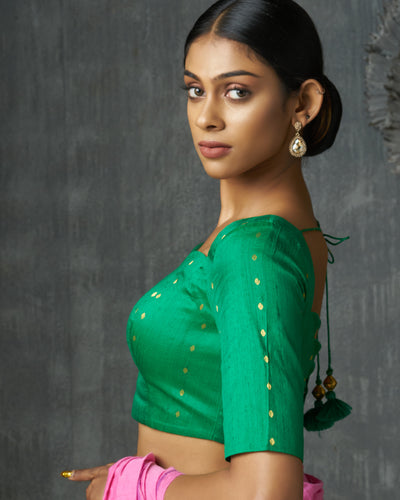 Green Raw Silk Polka Dot Blouse