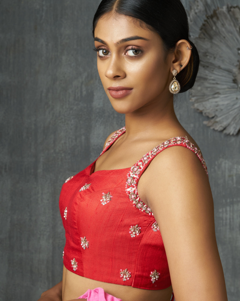 Red Raw Silk Blouse With Sweetheart Neckline