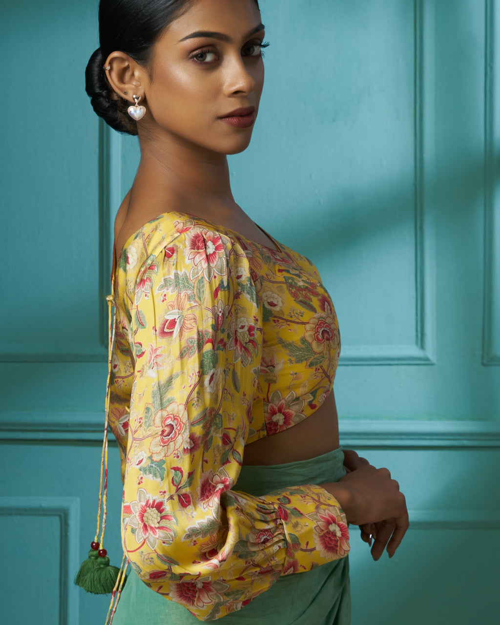 Yellow Floral Printed Satin Silk Blouse