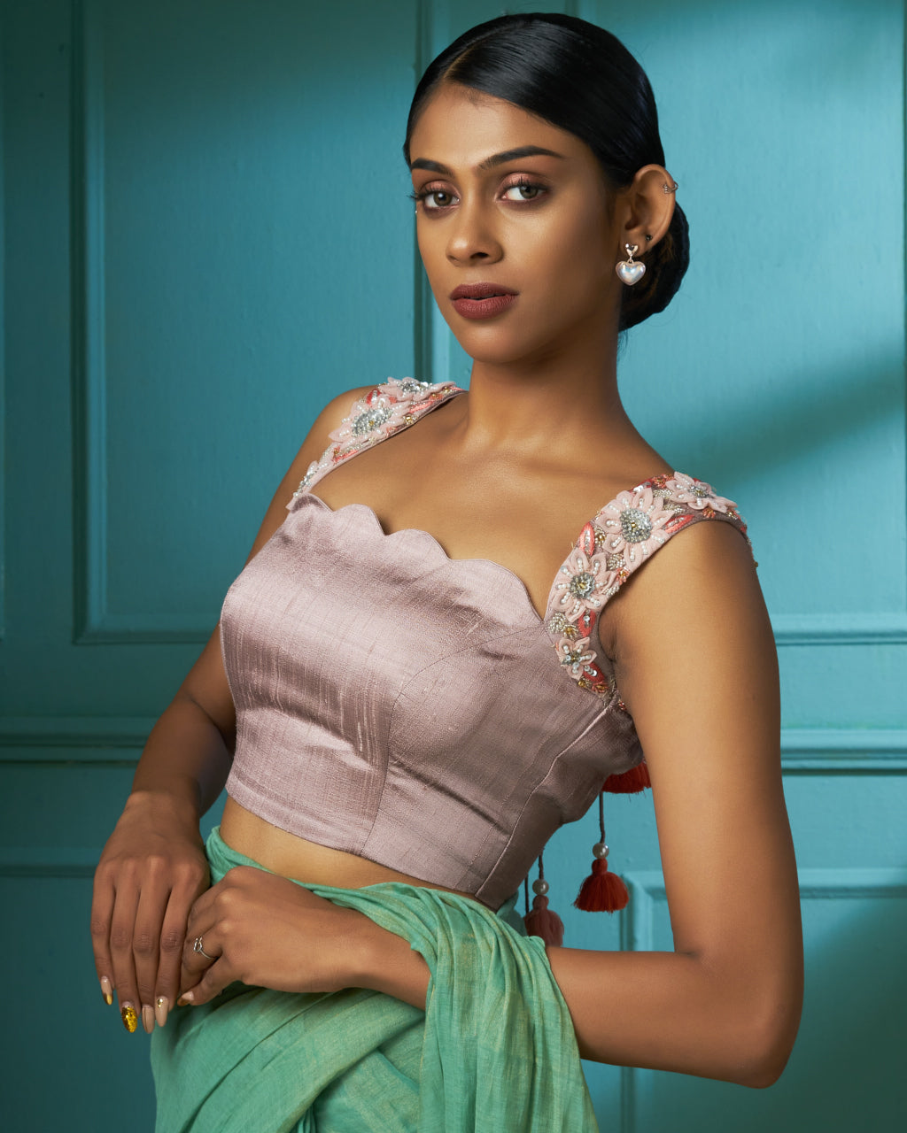 Scallop Neckline Nude Raw Silk Blouse