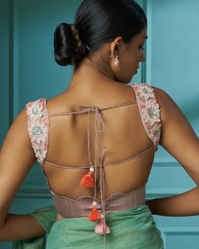 Scallop Neckline Nude Raw Silk Blouse