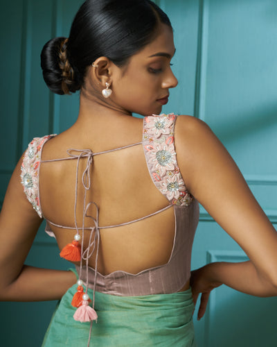 Scallop Neckline Nude Raw Silk Blouse