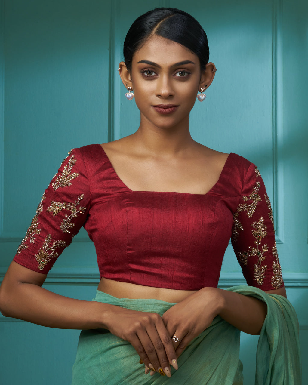Maroon Raw Silk Blouse With Elbow Sleeves