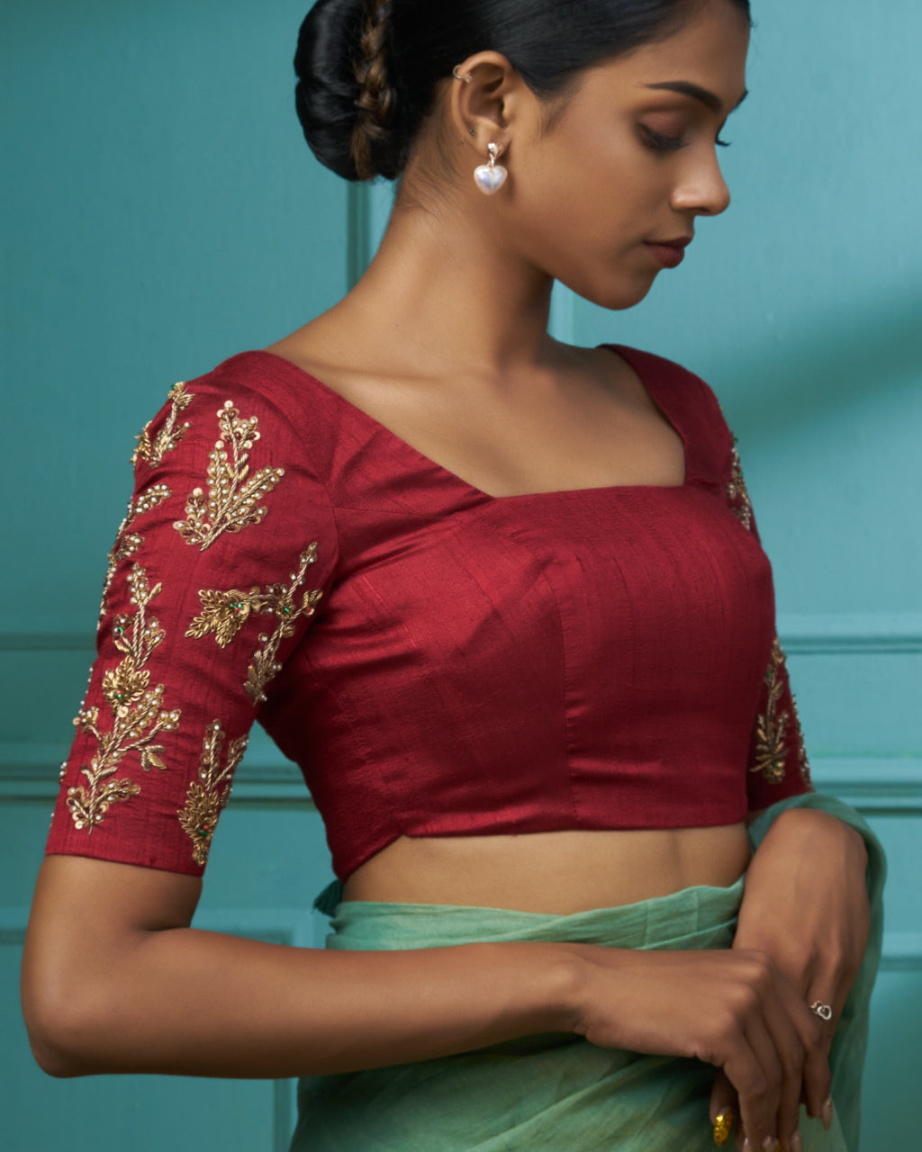 Maroon Raw Silk Blouse With Elbow Sleeves