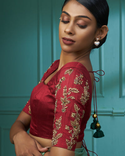 Maroon Raw Silk Blouse With Elbow Sleeves