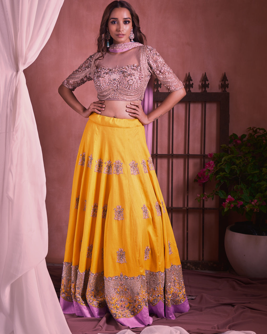 Yellow raw silk embroidered Skirt and Net Duppata (Only Skirt & Dupatta)